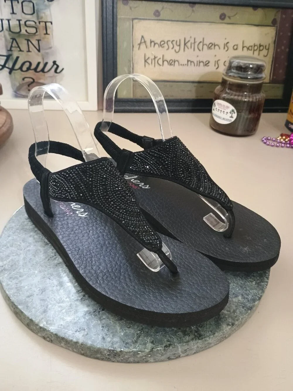 Skechers Cali Meditation Sandals New Moon Black Embellished Size 9 Yoga Foam